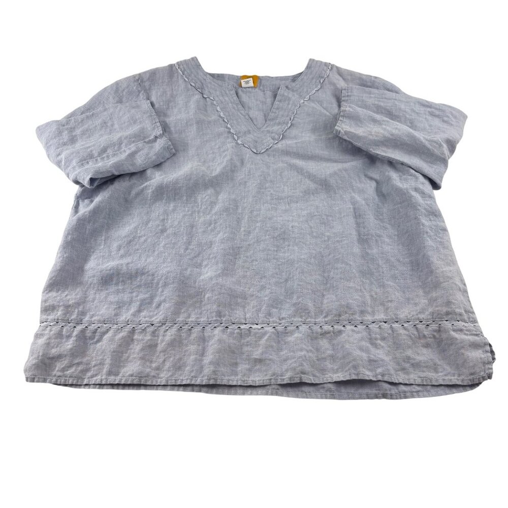 Ruby Rd. Light Blue Linen V-Neck Embroidered Blouse